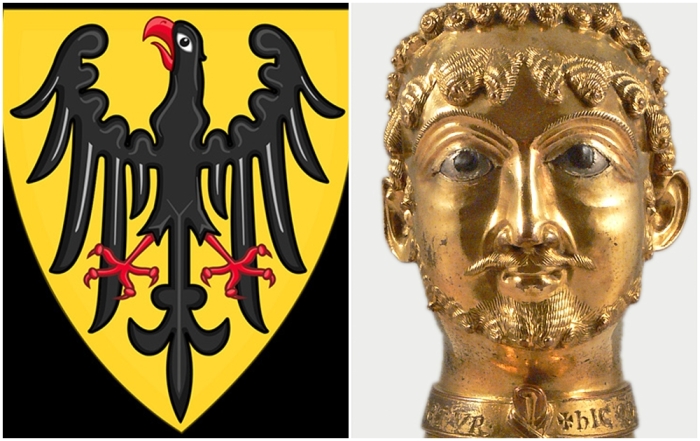 Слева направо: Щит и герб императора Священной Римской Империи, основанные на изображении в Кодексе Манессе (около 1310 года). Императорский герб в этом стиле использовался с 1200 по 1430 год. \ Бюст-реликварий Фридриха I Барбароссы, 1160 год.