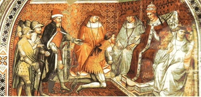 Фридрих Барбаросса подчиняется власти папы римского Александра III, Спинелло Аретино, фреска в Палаццо Публико, Сиена. \ Фото: wikipedia.org.