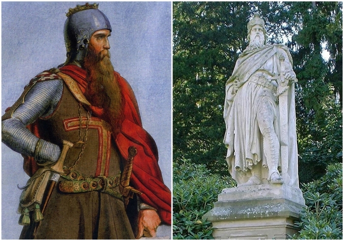 Слева направо: Фридрих I Барбаросса, гравюра на меди, 1847 год. \ Памятник Фридриху I Барбароссе в Зинциге.