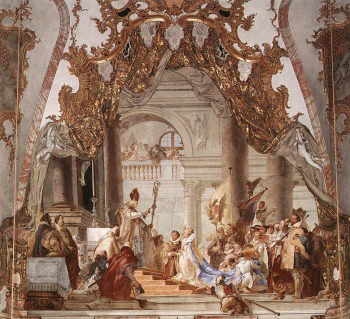 Свадьба Фридриха I Барбароссы и Беатрис Бургундской, фреска на потолке Имперского зала, Вюрцбург. \ Фото: livejournal.com.