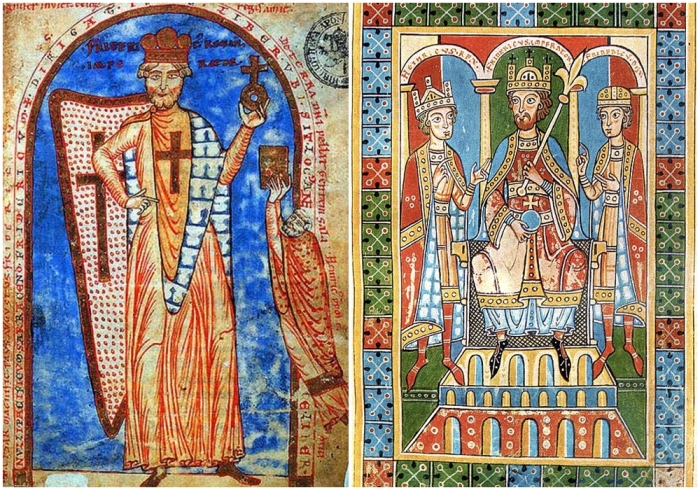 Слева направо: Фридрих I Барбаросса — крестоносец, миниатюра из рукописи, 1188 год. \ Фридрих I Барбаросса (в центре), изображение XIII века.