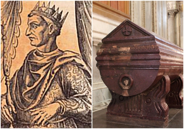 Слева направо: Вильгельм I Злой. \ Саркофаг Вильгельма I Злого (Монреале, около 1183 года).
