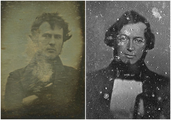 Слева направо: Роберт Корнелиус, автопортрет (дагеротип, 1839 год). Первый в истории отчётливый снимок человеческого лица (селфи). \ Портрет Эллиотта Крессона, дагеротип, 1840 год.