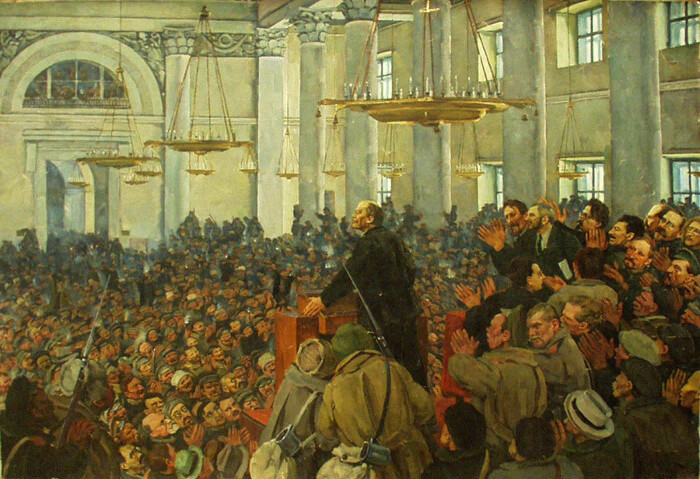Первое выступление: речь Владимира Ленина на заседании Петросовета в Смольном 25 октября 1917 года, Константин Юон. \ Фото: blogspot.com.
