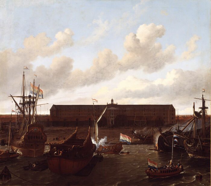 «Док Ост-Индской кампании в Амстердаме», Людолф Бакхёйзен, 1696 год. \ Фото: wikimedia.org.