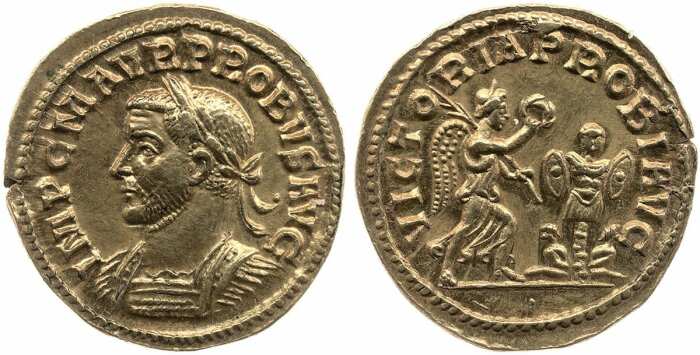 Золотой ауреус Проба, с обратным изображением крылатой победы, 276-82 гг. н. э. \ Фото: britishmuseum.org.