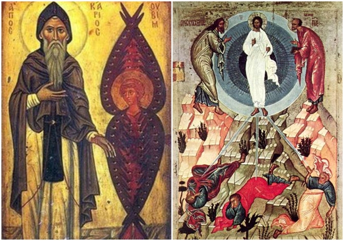 Слева направо: Святой Макарий Великий стоит рядом с Херувимом. \ Часть серии о Христианском мистицизме.