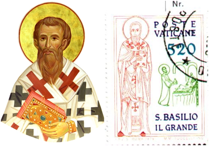 Слева направо: Представление художника о Василии Великом. \ Почтовая марка Ватикана, посвящённая Василию Великому.