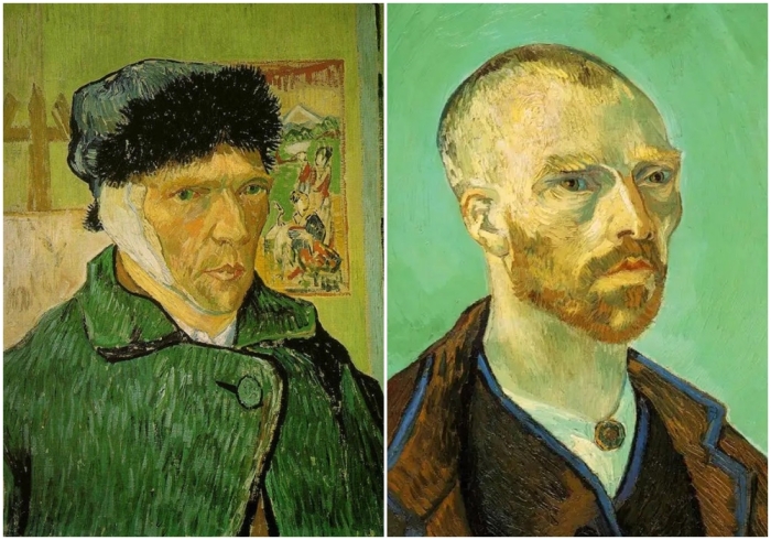 Слева направо: «Автопортрет с перевязанным ухом», 1889 год. \ «Автопортрет. Посвящение Полю Гогену», 1888 год.