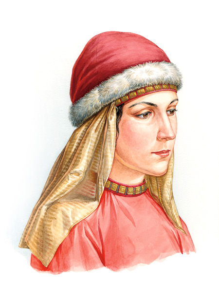        Реконструкция костюма и украшений молодой женщины из Дмитрова, конец XII века - начало XIII века.