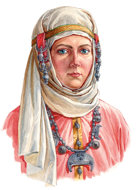 Женщина в уборе  с гроздевидными наушницами, конца X - начала XI вв.  По материалам кладов из Гнёздово под Смоленском.