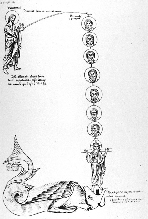 Господь ловит Левиафана с помощью человеческой ипостаси Иисуса. Гравюра, XII век.