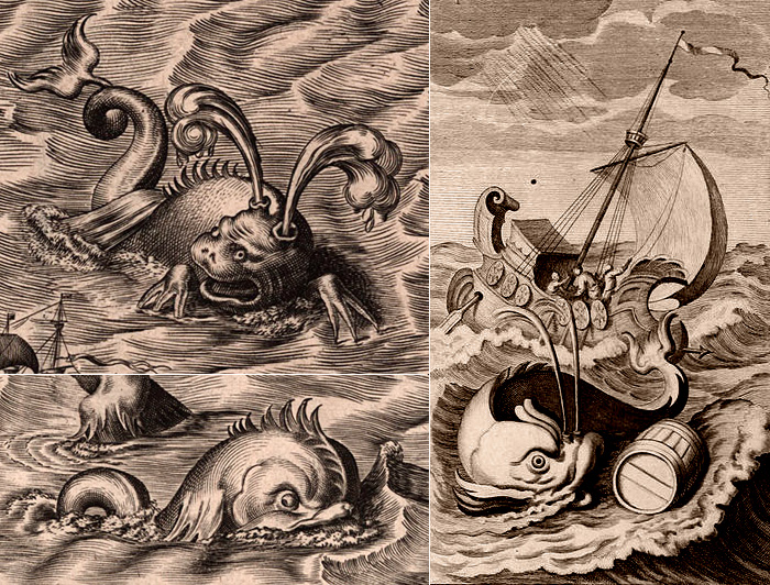 Изображения Левиафана, созданные для карты Америки гравером Иеронимом Коком (1510-1570) из  Антверпена. / Левиафан на гравюре 1710 года. Библиотека Сент-Джеймс, Великобритания.