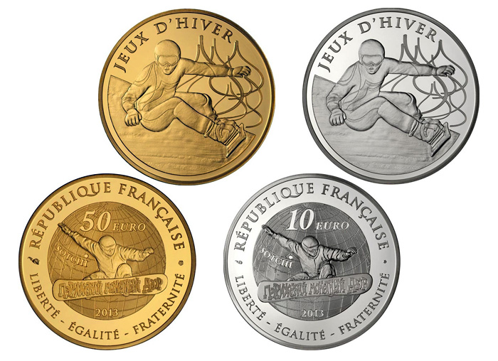 Памятные монеты Франции с изображением сноубординга. Зимние Олимпийские игры в Сочи-2014.