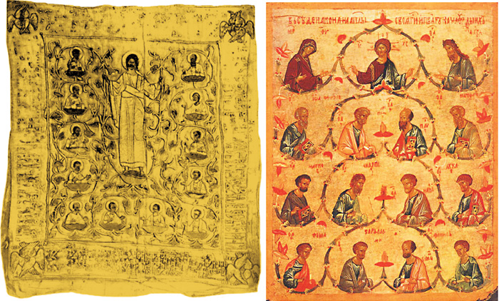 Пелена 'Христос с апостолами' 1510 г. / 'Собор святых апостолов' икона XV века.