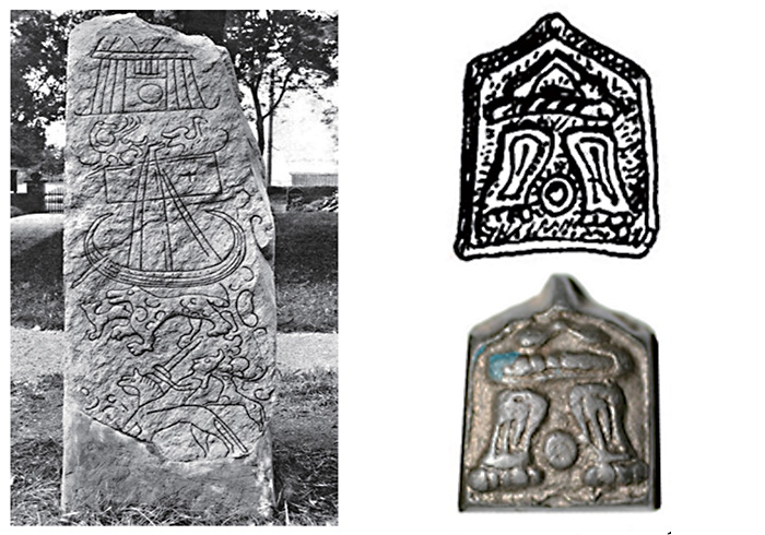 Изображение Вальхаллы на поясных накладках, аналогичное рисунку на камне в городе Бирке (Швеция)