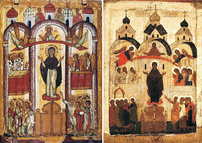 Ангелы поддерживающие покров над головой Богородицы на иконах XV в.