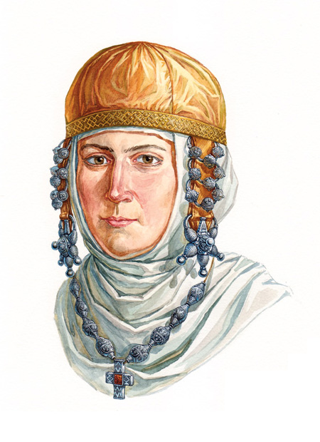 Древнерусская женщина в уборе с колтами и трехбусинными кольцами, XII век. По материалам клада из Старой Рязани 1970 года.