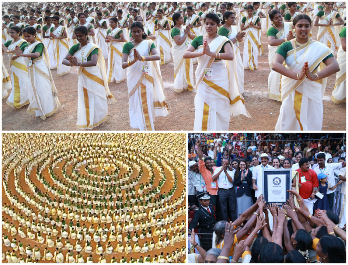 Самый массовый индийский танец Каикоттикали, исполненный 5211 танцовщицами.