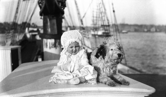 Ребенок и собака на парусном судне, 1910 год.