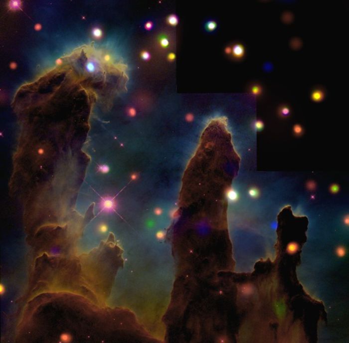 В телескоп видно, что звёзды скопления погружены в дымку туманности, которая формирует как бы расправленные крылья орла.