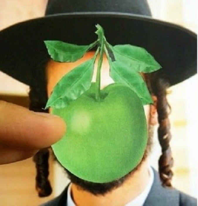 Лицо человека фактически закрыто парящим перед ним зелёным яблоком.