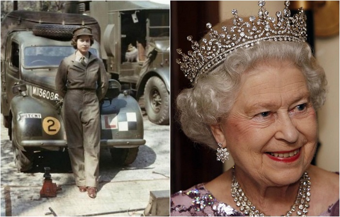 Царствующая королева Великобритании в 1945 году вступила в женский отряд самообороны и прошла подготовку как механик-водитель санитарного автомобиля, получив воинское звание лейтенанта.