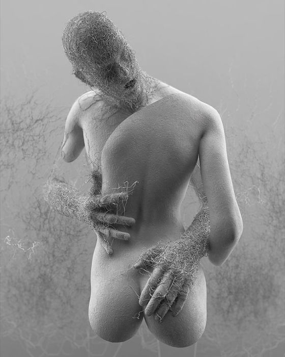 Неполный фрагмент человеческих тел, которые обнимаются в порыве страсти.