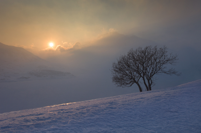 Нежная красота бледного солнца, освещающего берег замерзшего озера на высоте 2083 метра над уровнем моря.
