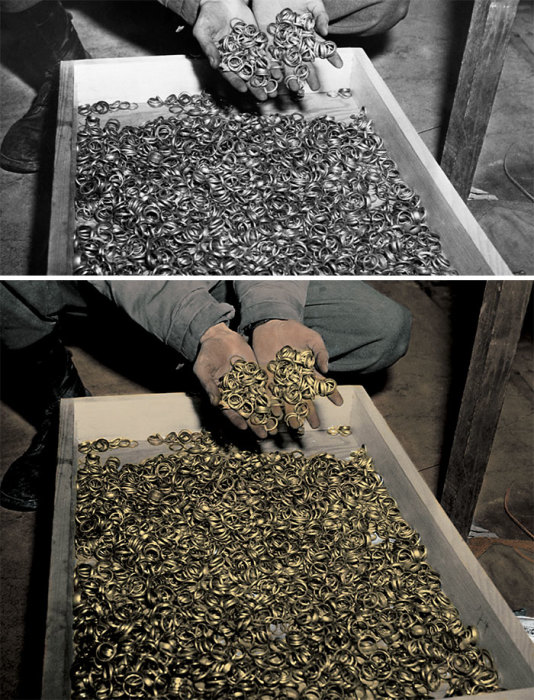 Золотые обручальные кольца, которые были найдены во время освобождения пленных из концлагеря Бухенвальд в 1945 году.