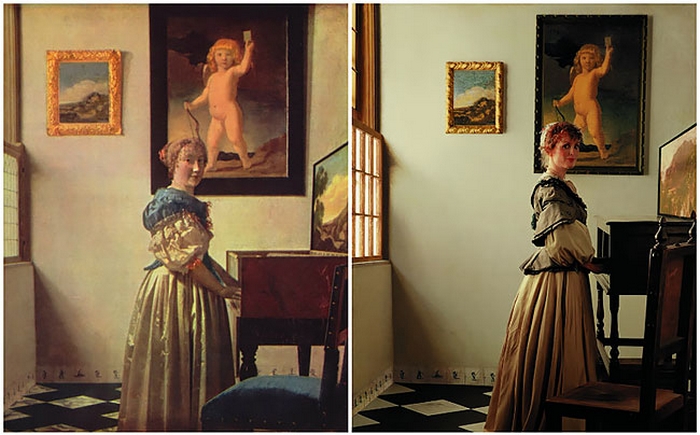 На полотне голландский художник Ян Вермеер изобразил женщину в роскошном платье, играющую на клавишном музыкальном инструменте.
