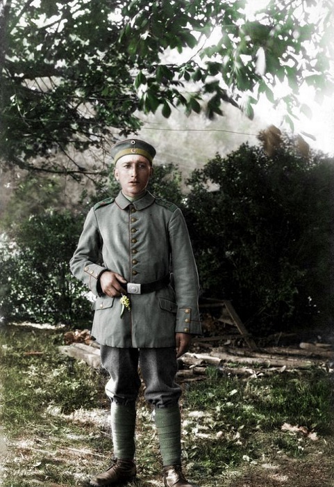 Портрет молодого баварского пехотинца с маленьким цветком в руке.