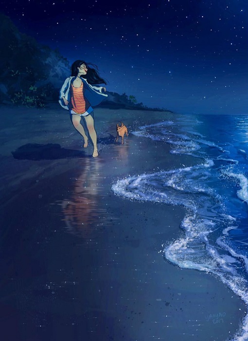 Ночная прогулка с лучшим другом по морскому побережью под светом далеких звезд.