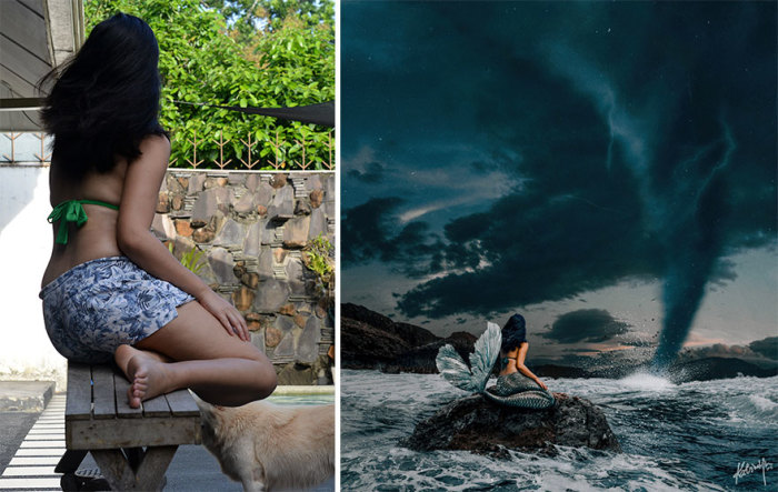 Обыкновенная девушка превратилась в русалку на скале, наблюдающую за смерчем в океане.