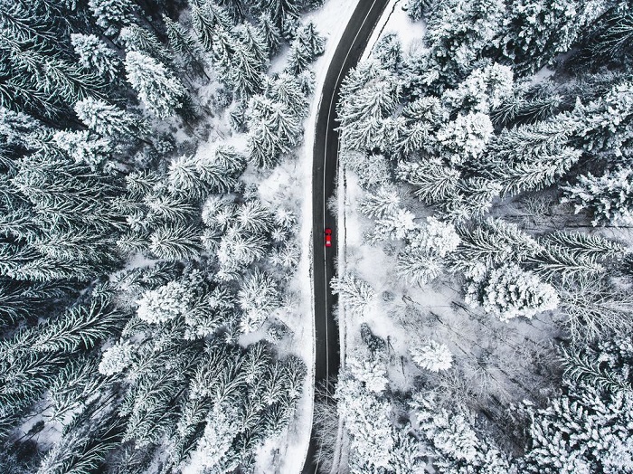 Категория: «Места». Автор снимка с красным автомобилем, проезжающим по дороге через заснеженный лес, – румынский фотограф Калин Стан (Calin Stan).