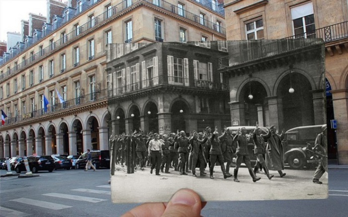 Немецкие солдаты сдаются в плен на улице Рю де Кастильоне, где в настоящее время располагается отель «Westin Paris».