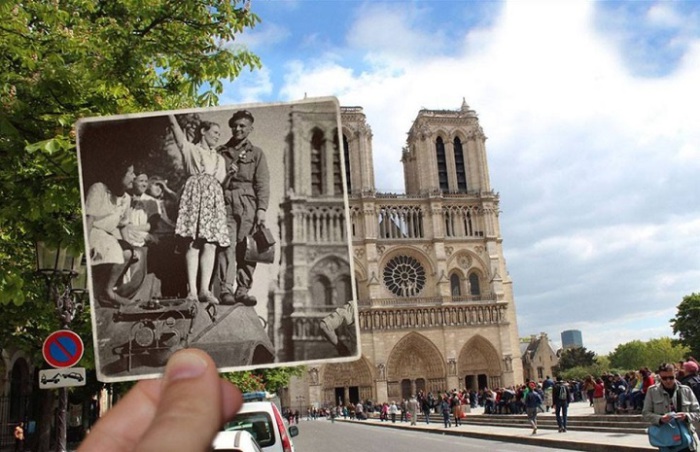 25 августа 1944 солдат вместе со своей возлюбленной стоят на танке перед Собором Парижской Богоматери – одной из самых почитаемых в мире готических церквей.