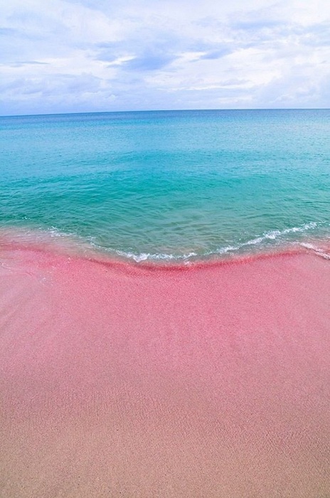 Удивительный пляж с розовым песком.