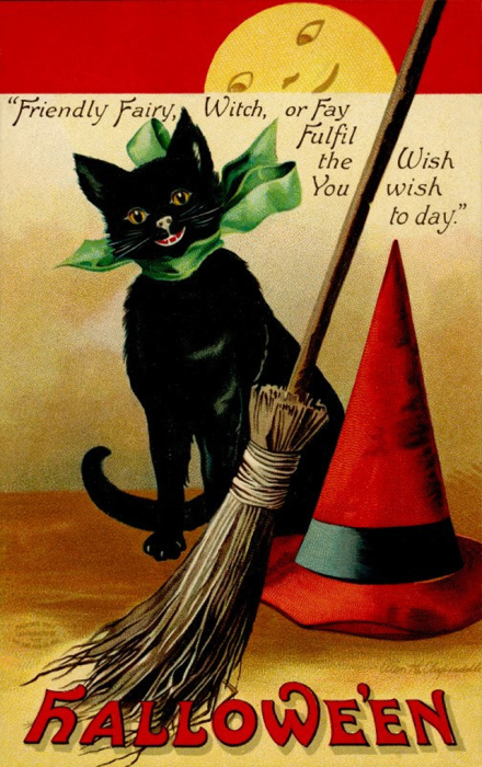 Черный кот в зеленой шляпе - помощник ведьмы во всех ее начинаниях.