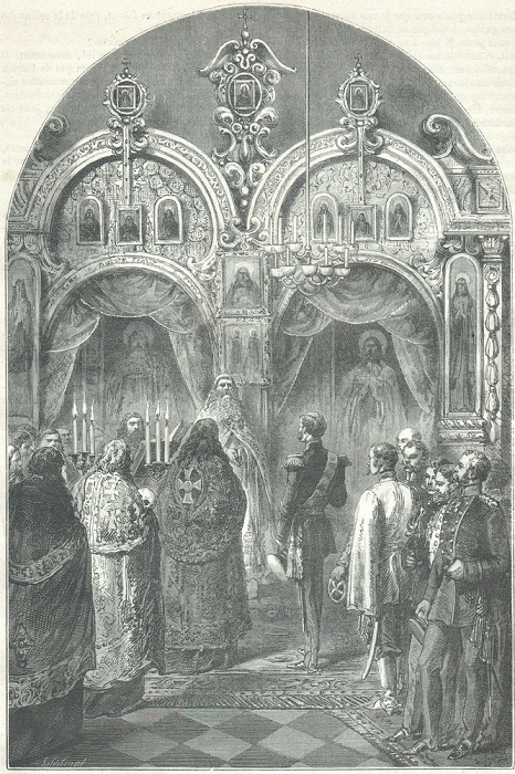 Александр II в Соловецком монастыре у мощей преподобного Зосимы.