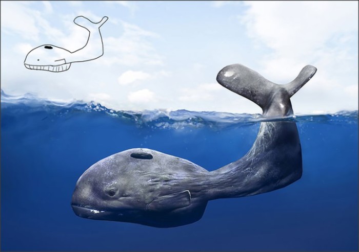 Так представлял себе кита 4-х летний Тельмо и кит, воссозданный им 20 лет спустя.