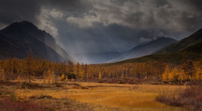 Золотой осенний горный пейзаж во время грозы.