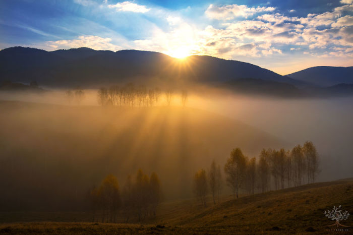 Покрытые утренним туманом холмистые долины Трансильвании надежно защищены цепью Карпатских гор.
