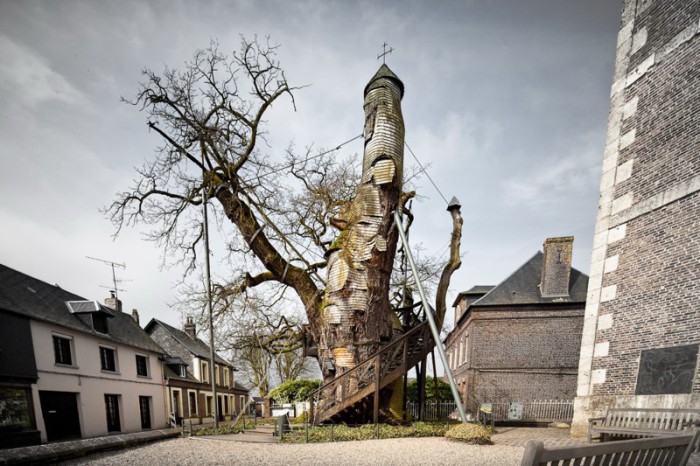 Тысячелетний дуб, внутри которого находится часовня, Франция.