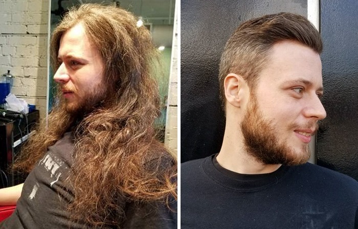 Мужчины до и после посещения парикмахера.
