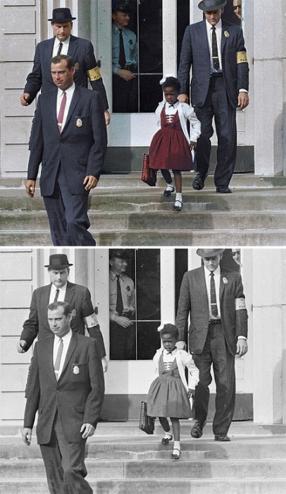 Первый и единственный афроамериканский ребёнок, который начал посещать начальную школу Уильяма Франца для белых в Новом Орлеане в сопровождении маршалов. 1960 год.
