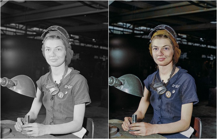 21-летняя девушка Юнис Хэнкок на авиазаводе во время Второй мировой войны. Август 1942 год.