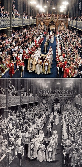 Пышная церемония коронации в Вестминстерском аббатстве состоялась в присутствии 8200 почетных гостей. 2 июня 1953 года.