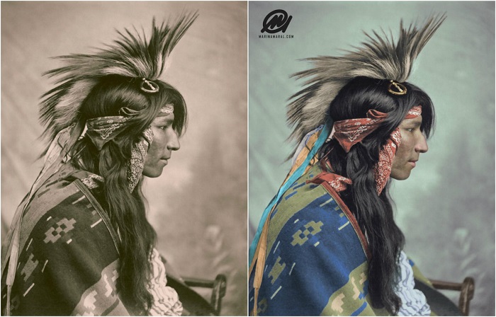 Снимок индейца с накидкой или пончо на плечах, сделанный вполоборота. Канада, 1903 год. 