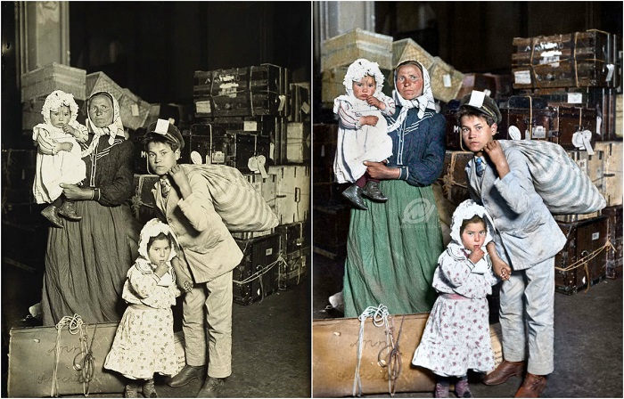 Итальянские эмигранты с вещами прибыли на остров Эллис - самый крупный пункт приема иммигрантов в США . 1905 год.